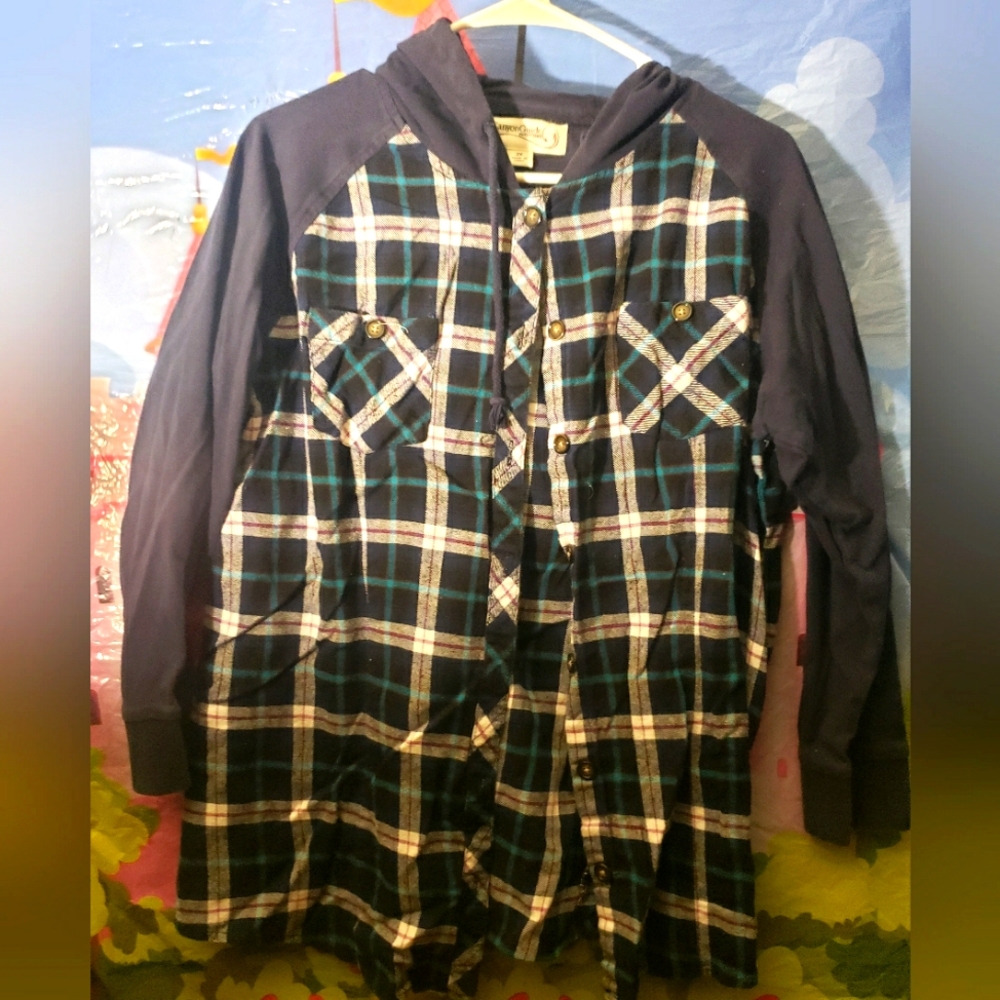Large Athletic Blue and Teal Plaid Button Up Long Sleeve Hoody Shirt